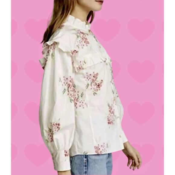 Rebecca Taylor Maia Ivory & Pink Floral Ruffled Victorian Cotton Blouse Sz 10 L - Picture 7 of 12